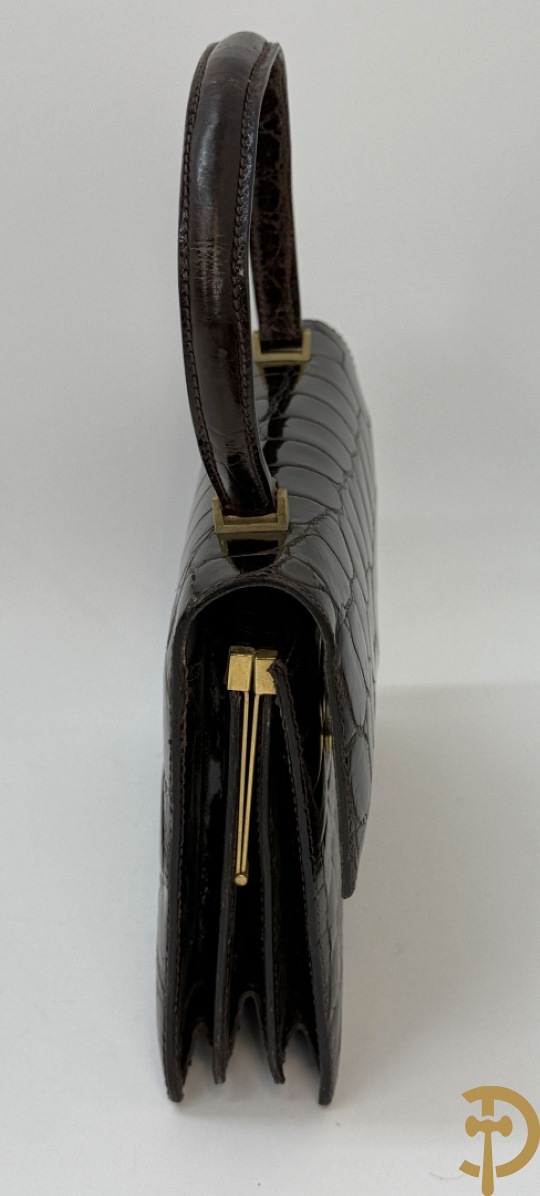 Kroko zwart lederen handtas, Le Sellier Bruxelles + zwart lederen kroko clutch + bruin lederen kroko enveloppetas + toneelhandtasje