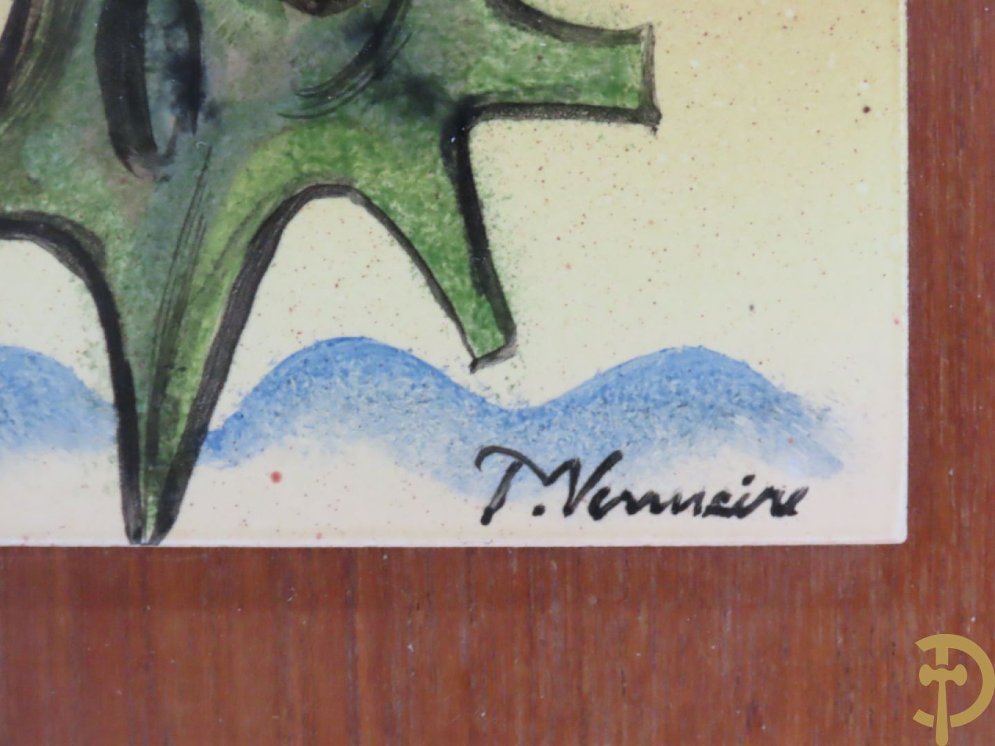 Zes vintage keramiek sculpturen w.o. zeemeermin van Amphora, keramieken vis, plakkette van doedelzakspeler, groepje met 5 kindjes, bord RP gemerkt en basrelief met vissen Vermeire P.