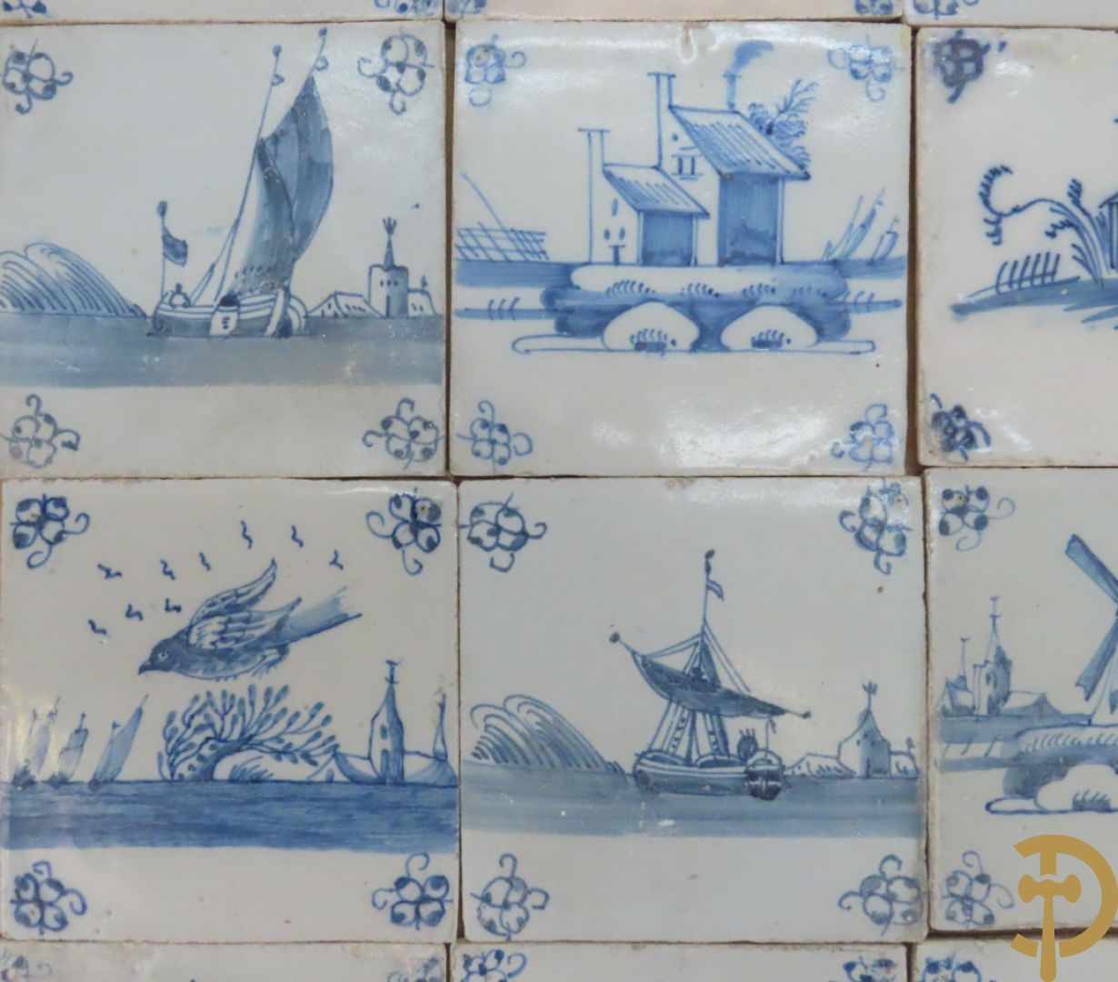 Set oude Delftse tegeltjes met landschappen, waterputten, kastelen, ...