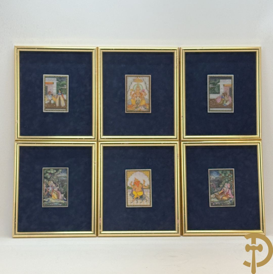 Zes Indische geanimeerde tekeningen van goden en liefdesscènes op gesteente