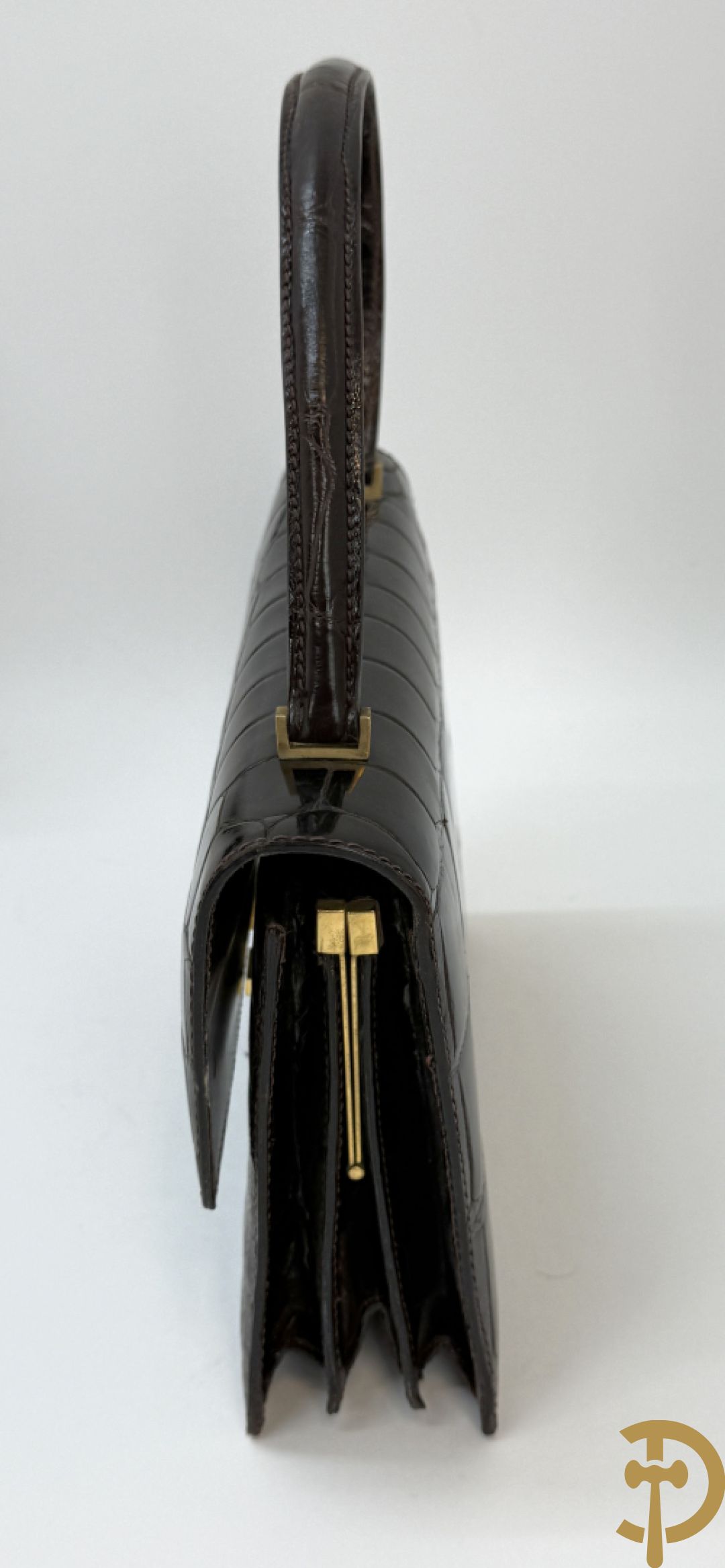 Kroko zwart lederen handtas, Le Sellier Bruxelles + zwart lederen kroko clutch + bruin lederen kroko enveloppetas + toneelhandtasje