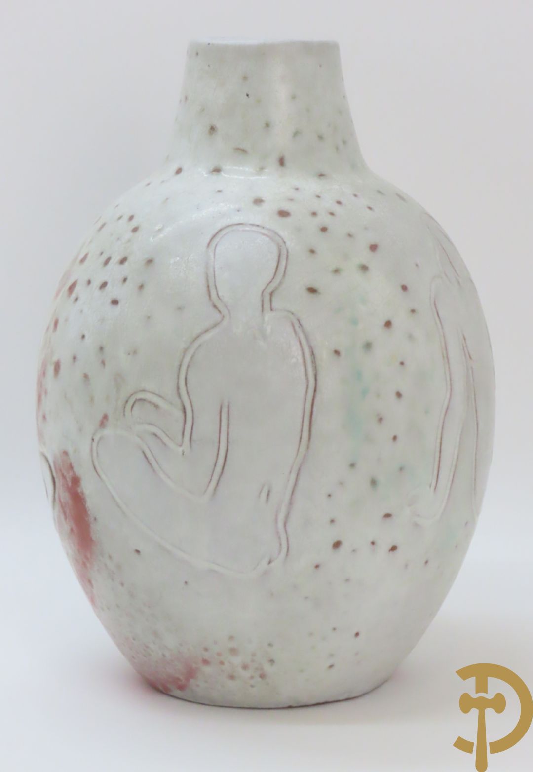 Wit gecraqueleerde design vaas met gestyleerd damesdecor, gemerkt Mobach Utrecht