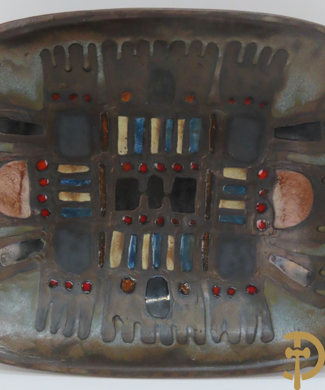 Moderne keramieken kleurrijke vintage coupe, gemerkt Perignem + Keramiek beeld van zeemeermin,  Amfora Vandeweghe