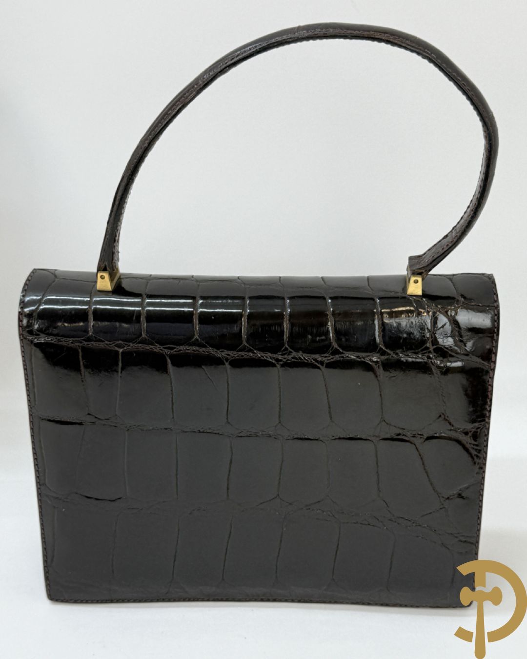 Kroko zwart lederen handtas, Le Sellier Bruxelles + zwart lederen kroko clutch + bruin lederen kroko enveloppetas + toneelhandtasje