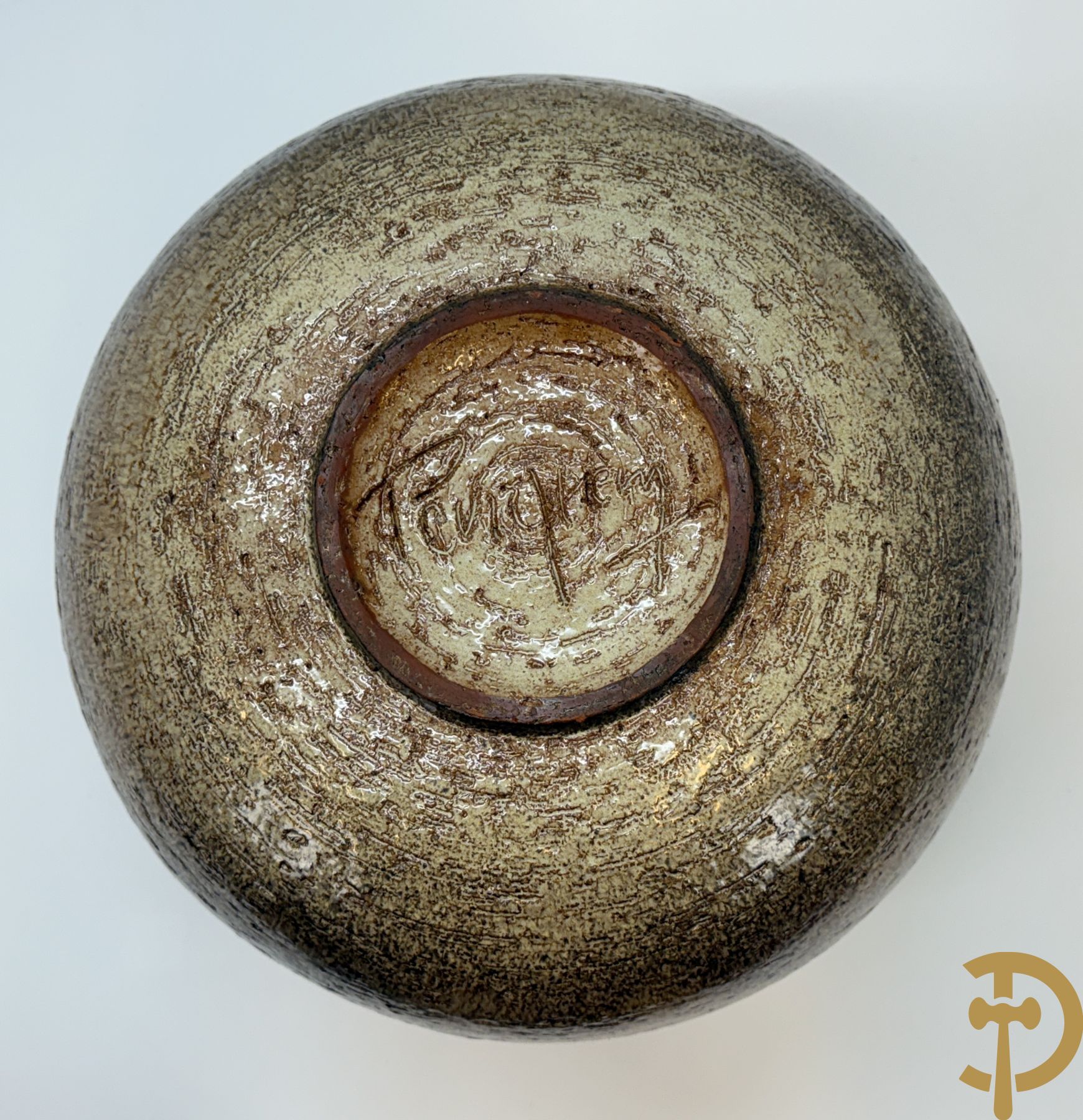 Grote vintage ronde keramieken vaas met geometrische motieven en glazuur, Perignem