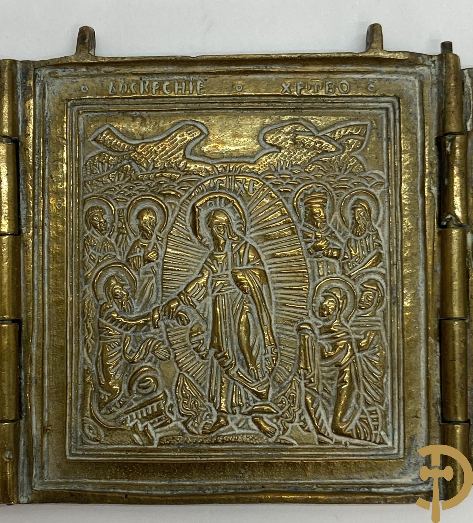 Gebogen Russische orthodoxe ikoon met 3 schriftgeleerden + driedelige- en vierdelige bronzen reisikoon