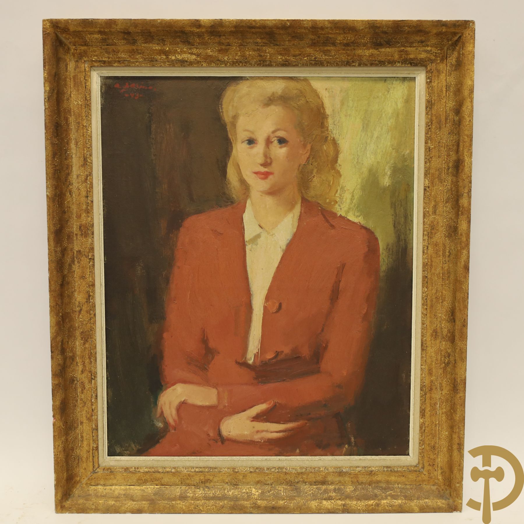 ZARINA A. getekend '43 (Anna-Martinowna Zarina-Heinz) 'Zittende elegante dame in rood ensemble' olie op doek