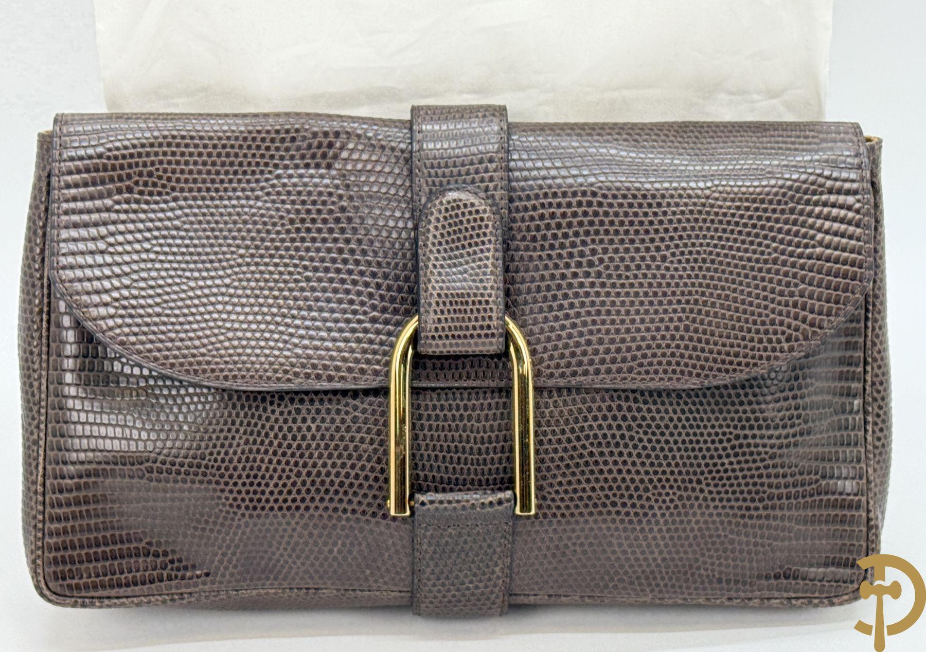 Bruin kroko lederen handtas, Delvaux met bijhorende zak