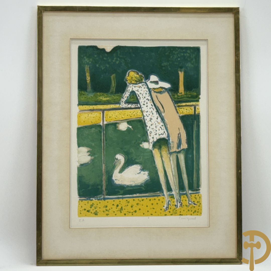 CASSIGNEUL getekend 'Paar dames bij de zwanen' litho