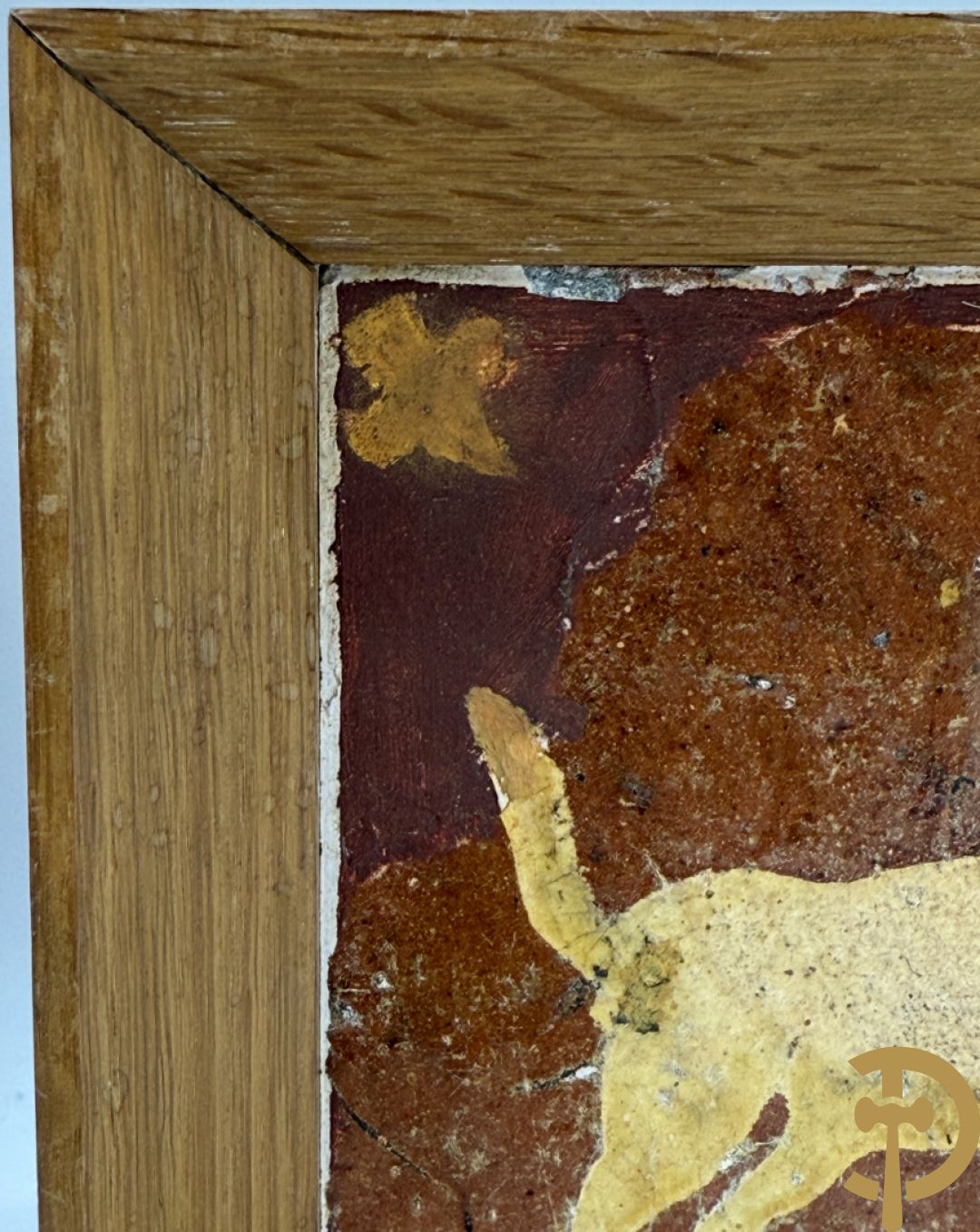 Paar 18e Vlaamse tegels met jager en hond ingelijst in kader