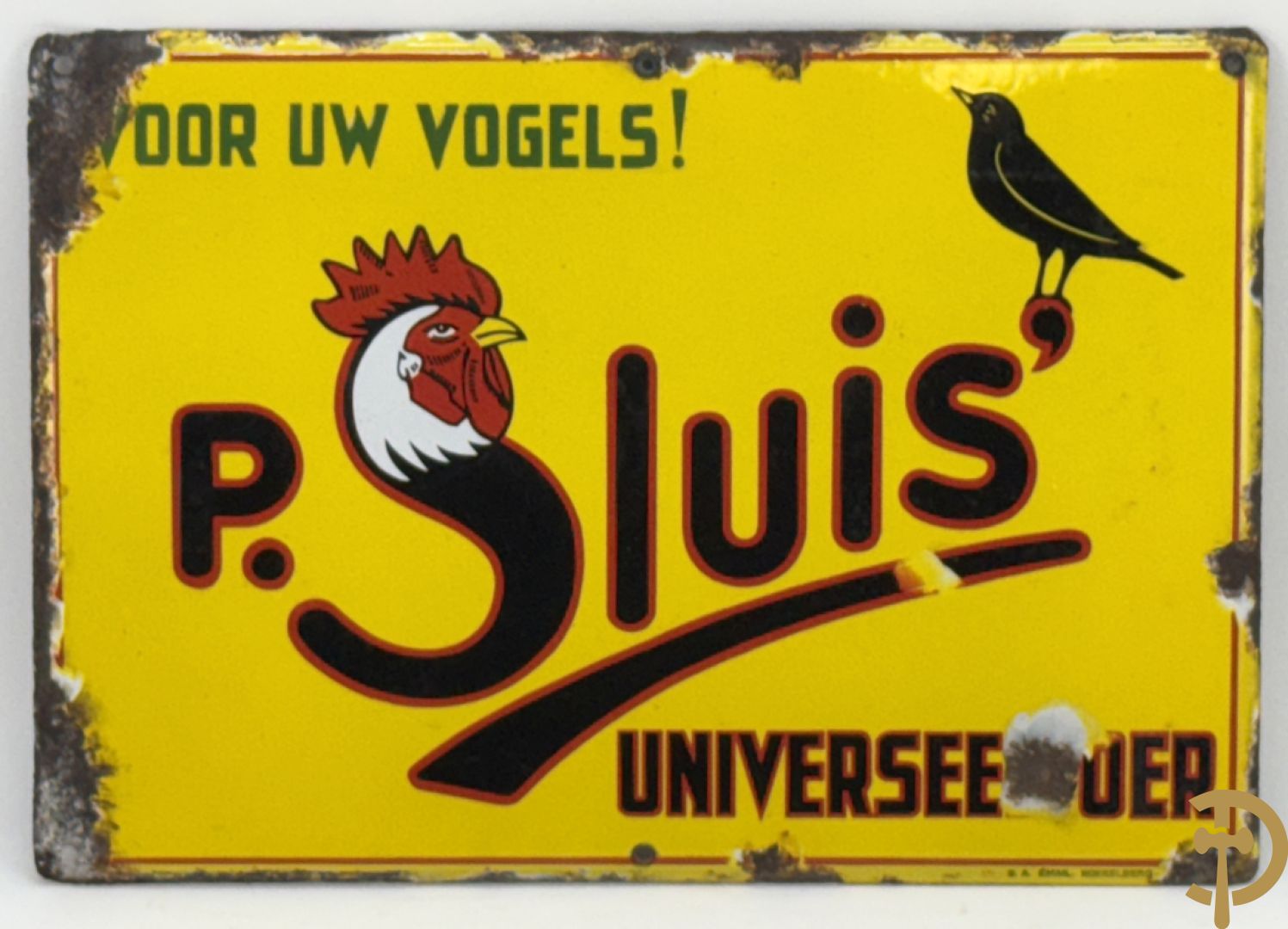 Oude emailplaat P. Sluis, voor uw vogels, universeel voer - begin jaren 