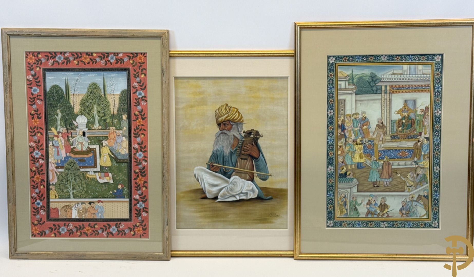 Drie Indische handgekleurde, geaquarelleerde en geanimeerde scènes