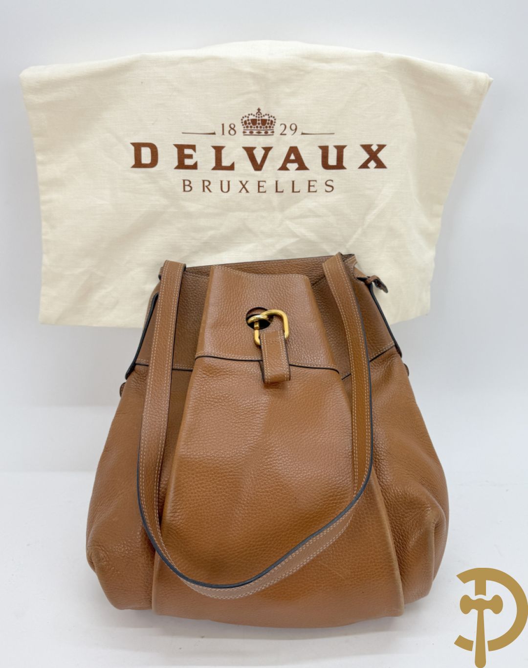 Cognac lederen schoudertas Faust Delvaux met bijhorende stoffen zak