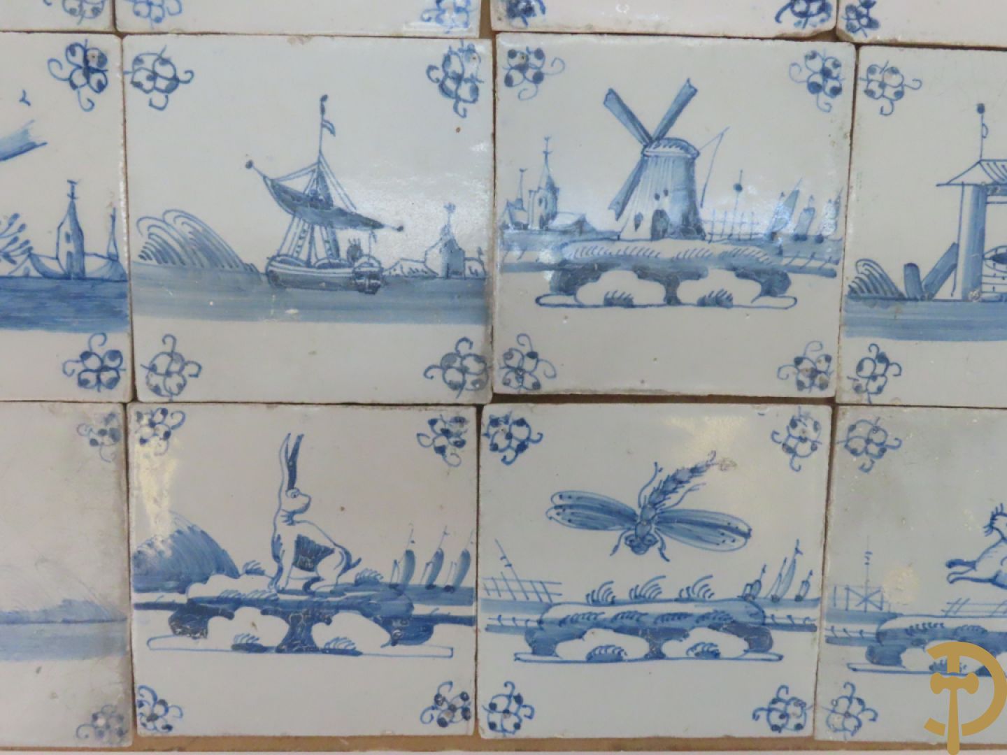 Set oude Delftse tegeltjes met landschappen, waterputten, kastelen, ...