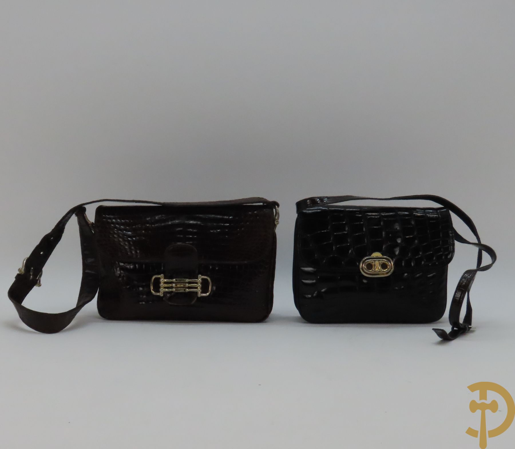 Zwart lederen vintage dames handtassen, Celine Paris  + bruine kroko lederen handtas, Celine Paris