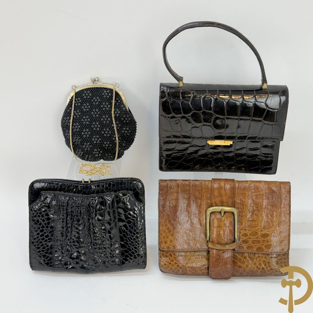 Kroko zwart lederen handtas, Le Sellier Bruxelles + zwart lederen kroko clutch + bruin lederen kroko enveloppetas + toneelhandtasje