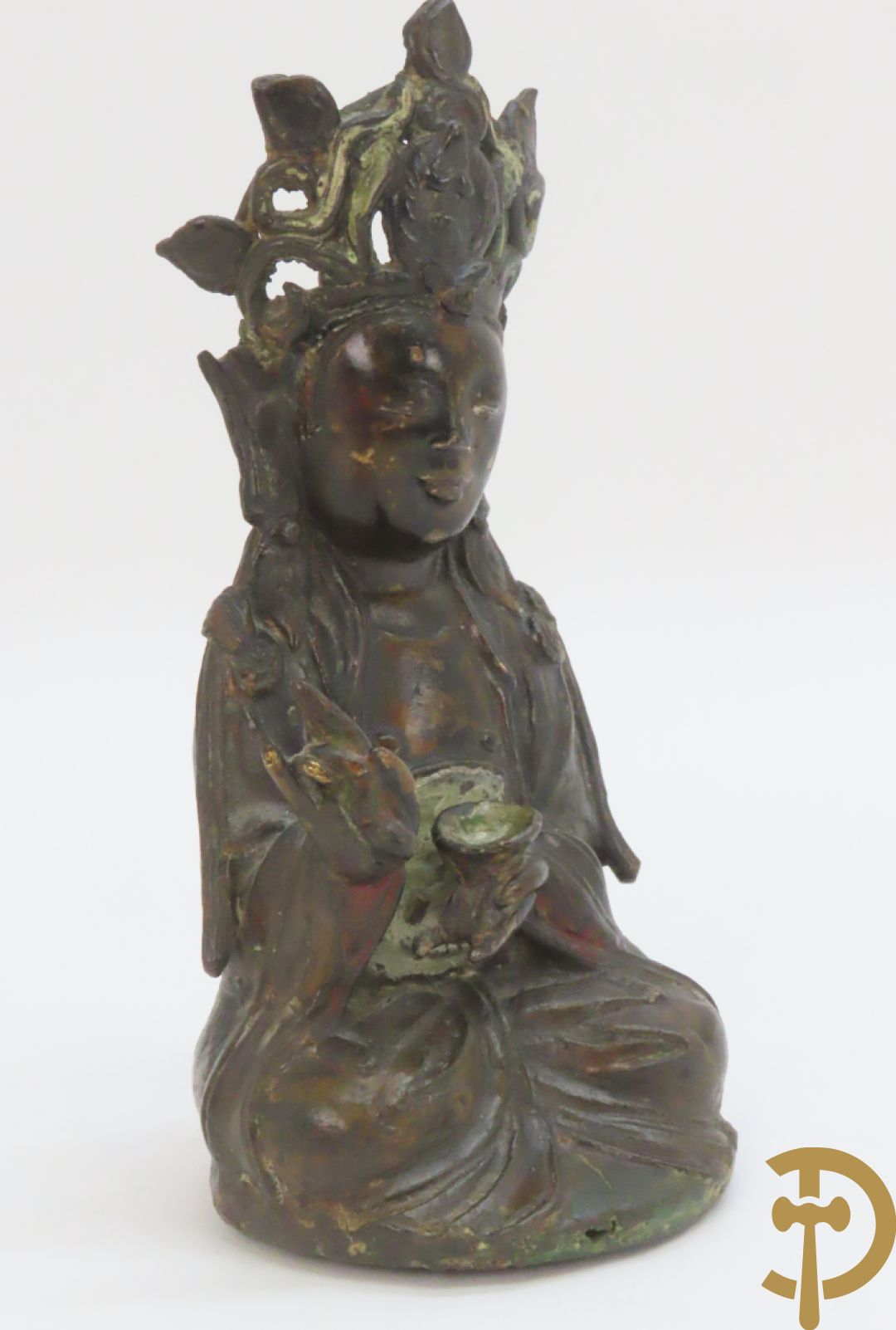 Antieke bronzen zittende boedha + kleine stenen boedha