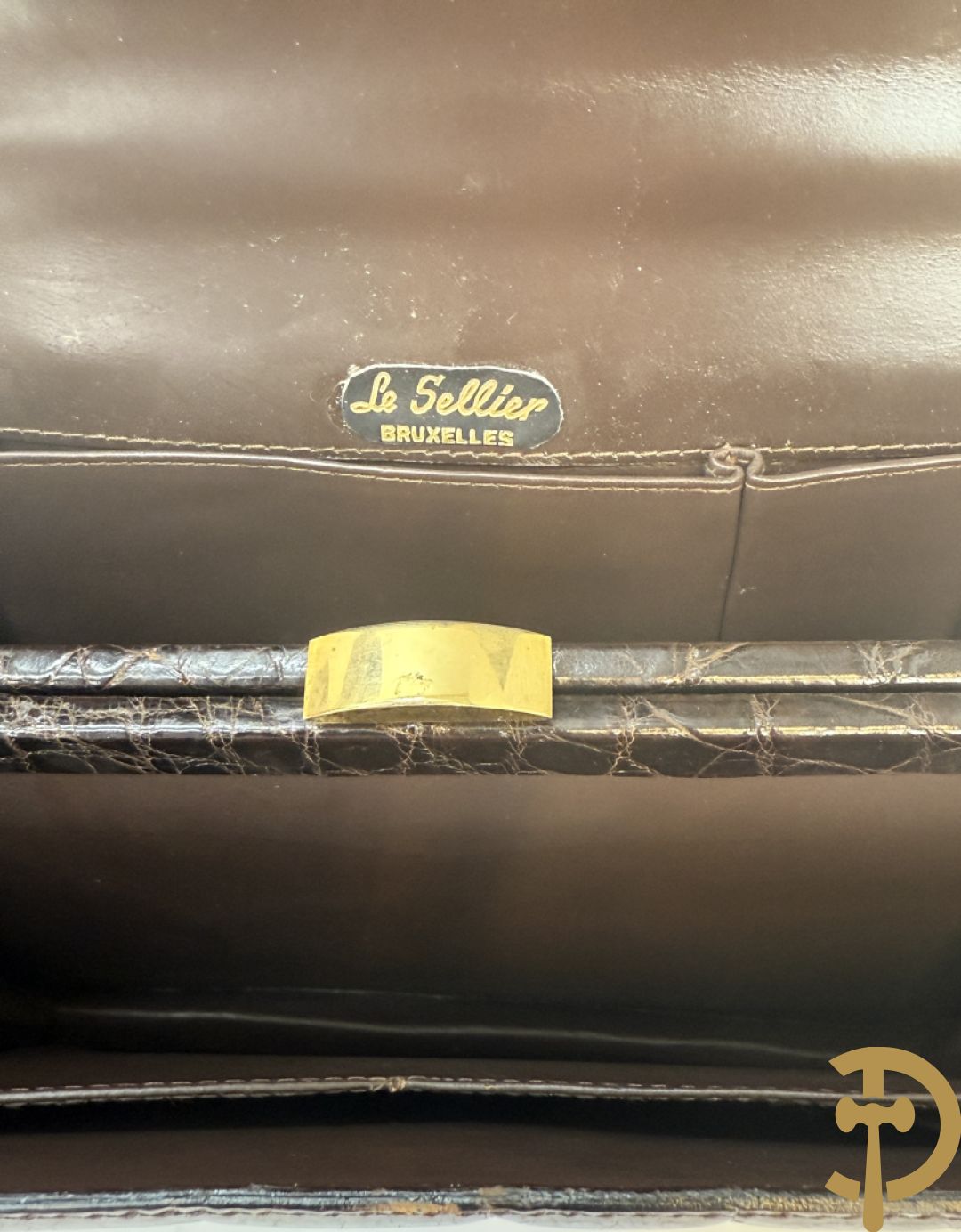 Kroko zwart lederen handtas, Le Sellier Bruxelles + zwart lederen kroko clutch + bruin lederen kroko enveloppetas + toneelhandtasje