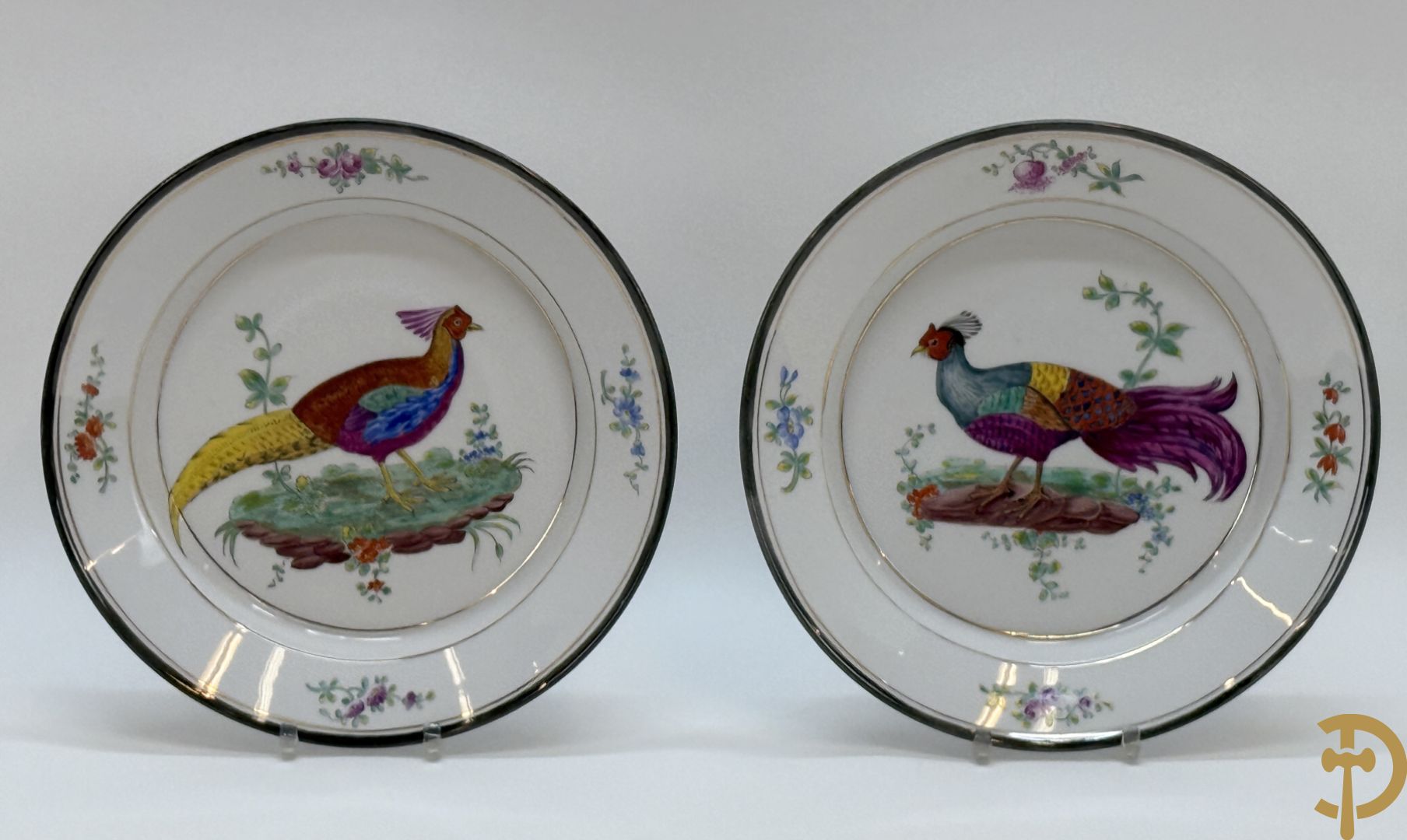 Paar handgekleurde Franse porseleinen borden met vogeldecor, 19e