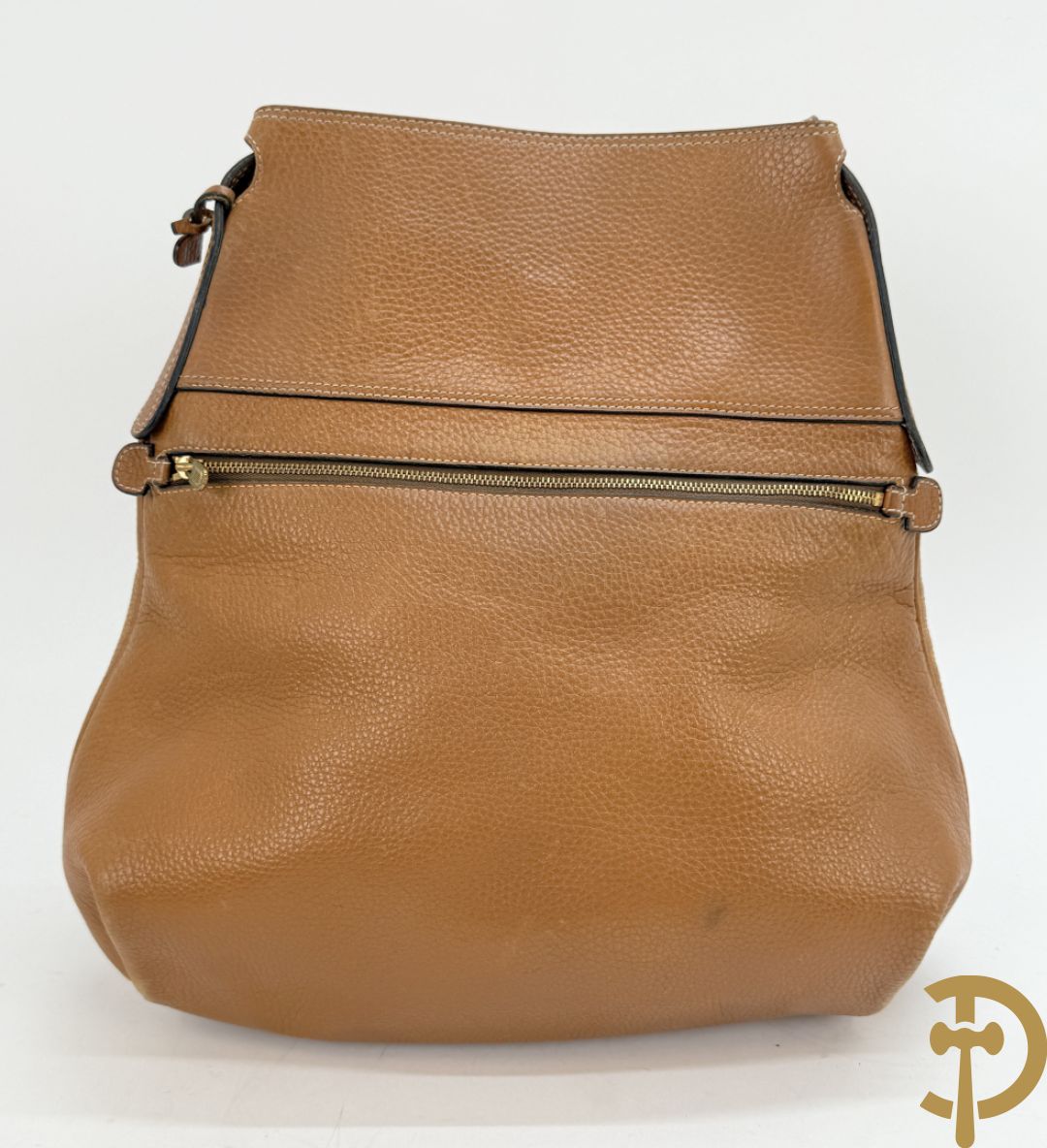 Cognac lederen schoudertas Faust Delvaux met bijhorende stoffen zak