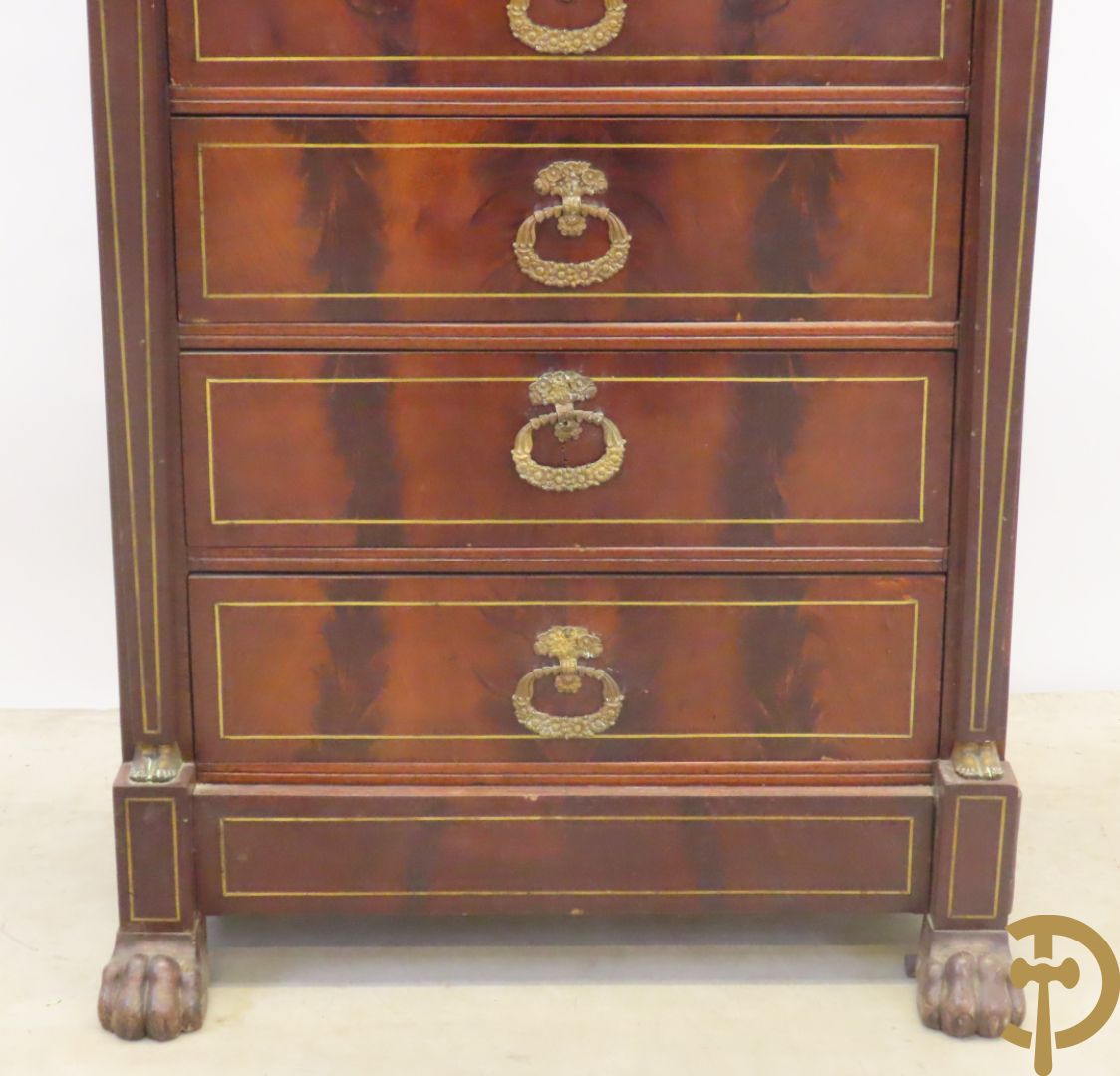 Mahoniehouten zesladenkast met schrijfblad bovenaan, Empire