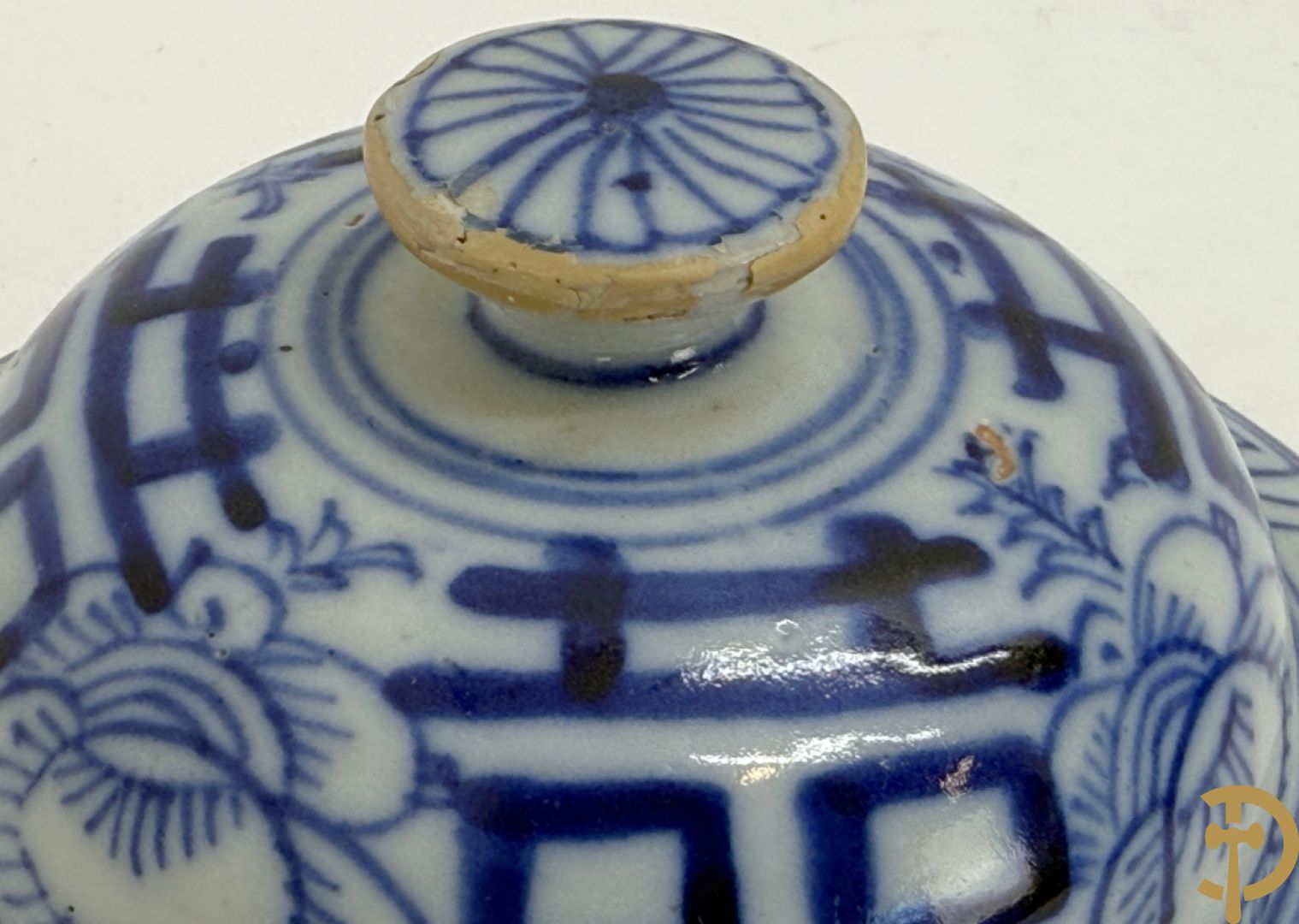 Paar blauw/witte Chinese porseleinen dekselpotiches met bloemen en Chinese tekens