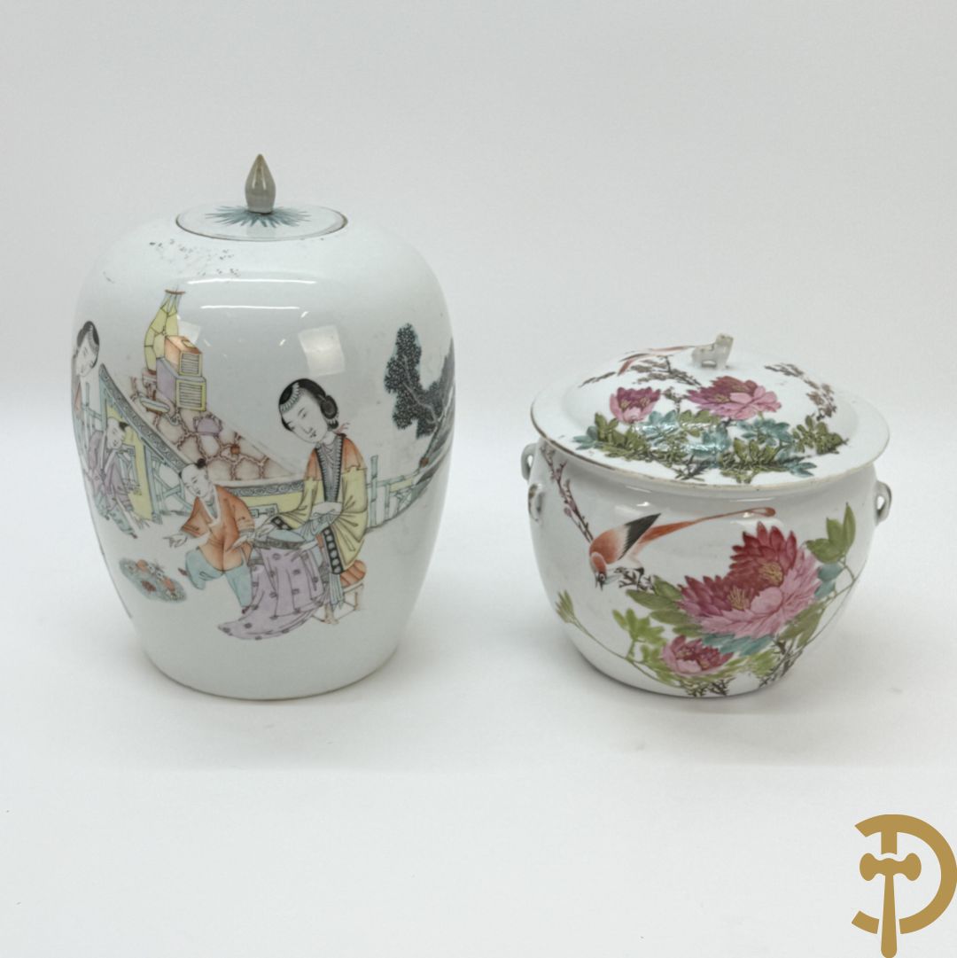 Chinese porseleinen dekselpotiche met vogel- en bloemendecor + Chinese porseleinen dekselkom met bloemen- en vogeldecor