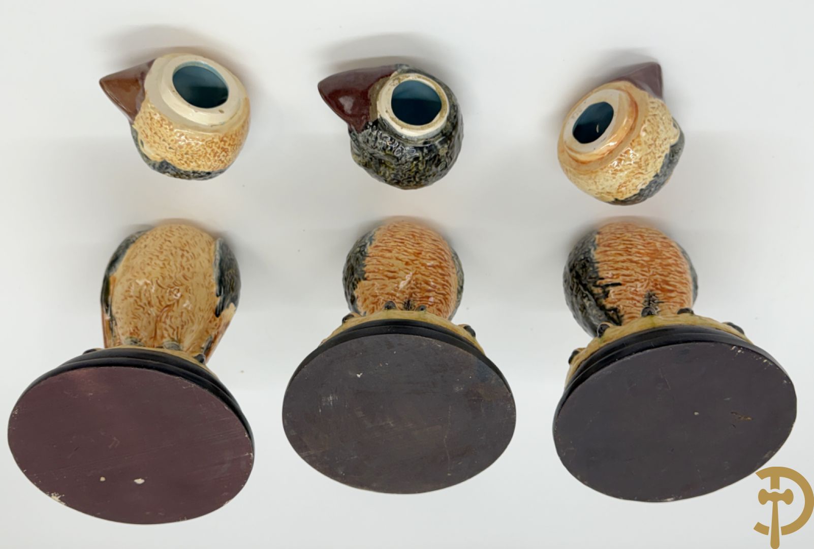 Vijf gekleurde keramieken vogels met afneembare kop, naar Martin Brothers