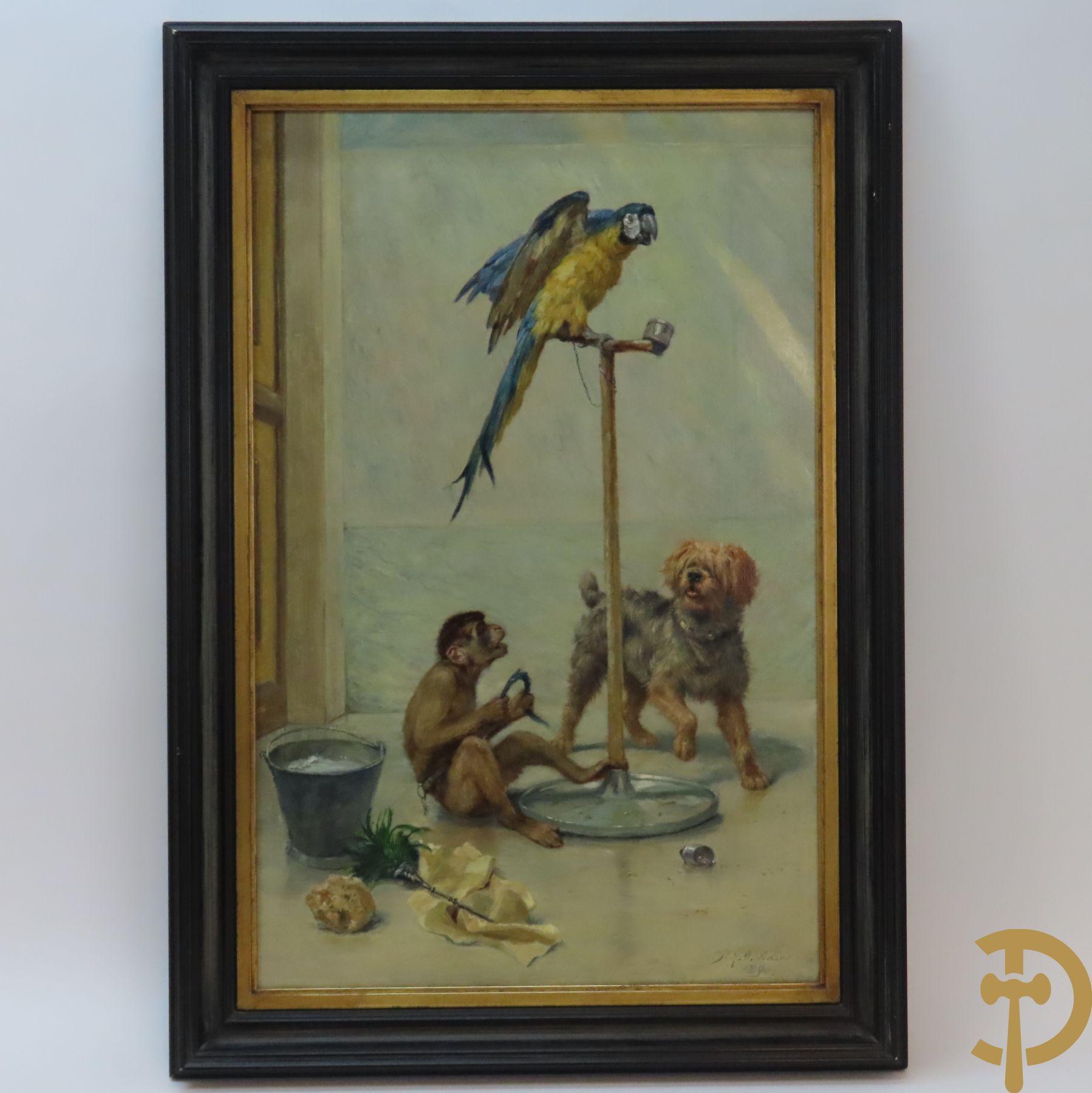 BOLAND Ch. get. 1894 'Interieurzicht met papegaai op stok, aapje en hond' olie op doek